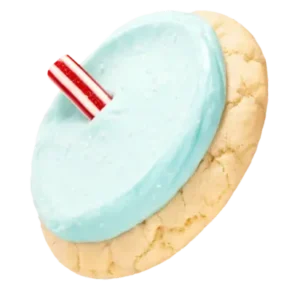 A blue raspberry cookie with a white icing, accompanied by a red and white striped straw, branded with ICEE®.