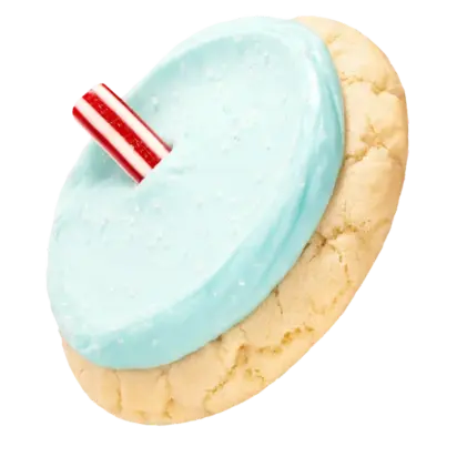 Crumbl Cookies Last Week menu 6 A blue raspberry cookie with a white icing, accompanied by a red and white striped straw, branded with ICEE®.
