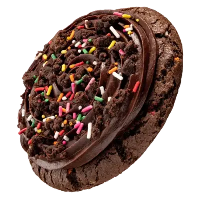Crumbl Cookies Last Week menu 7 A chocolate cookie adorned with vibrant sprinkles, highlighting its cake batter flavor and soft texture.