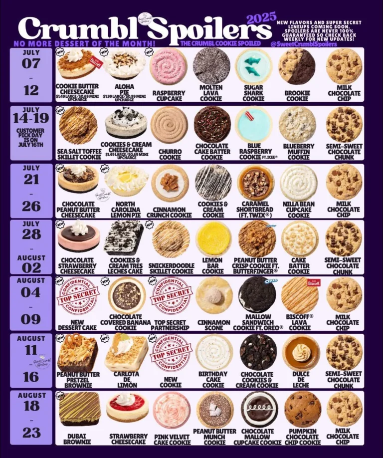 A calendar displaying Crumbl Cookies’ weekly rotating cookie flavors for July and August 2025, with images and names of each featured cookie for those weeks.