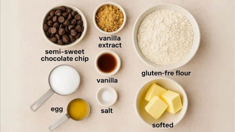 Ingredients for chocolate chip cookies displayed: flour, sugar, chocolate chips, eggs, and butter arranged on a countertop.