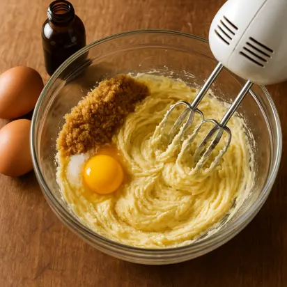 COPYCAT CRUMBL COOKIES DUPE RECIPE IN 2025 3 Overhead shot of butter, brown sugar, white sugar, egg, and vanilla being mixed in a glass bowl for the Crumbl Cookie Dupe recipe.