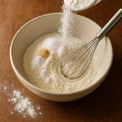 COPYCAT CRUMBL COOKIES DUPE RECIPE IN 2025 4 Ceramic bowl with flour, baking soda, baking powder, and salt being whisked for the Crumbl Cookie Dupe recipe.