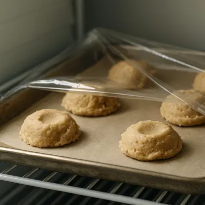 COPYCAT CRUMBL COOKIES DUPE RECIPE IN 2025 5 Large scoops of cookie dough flattened on a parchment-lined tray, chilling in the fridge for the Crumbl Cookie Dupe recipe.