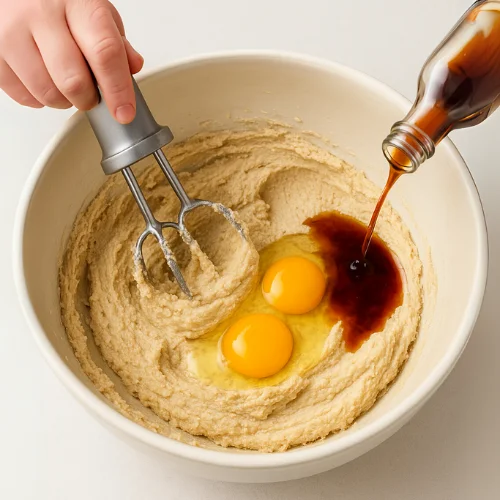 Hand mixer blending eggs and vanilla into a creamy butter-sugar mixture, creating a smooth and rich cookie dough base.