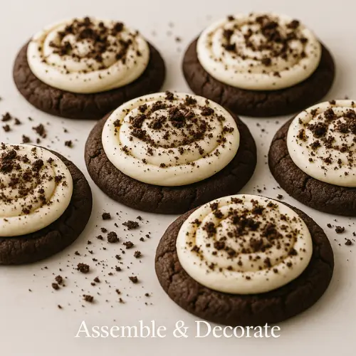 Freshly baked chocolate cookies topped with swirls of smooth frosting and sprinkled with crushed Oreo crumbs on a clean surface.