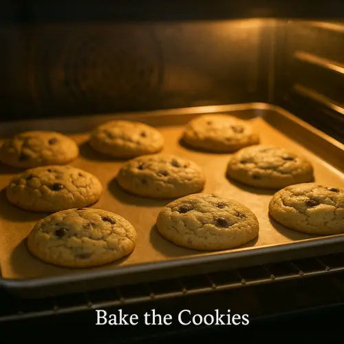 Cookies baking inside an oven, expanding into thick round shapes with golden edges, softly lit by the oven light.