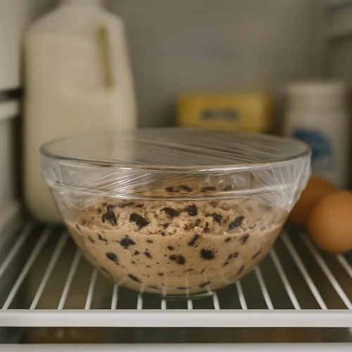 Glass bowl filled with Oreo cookie dough, covered with plastic wrap, placed on a refrigerator shelf with milk, eggs, and butter nearby, step six of cookie preparation.
