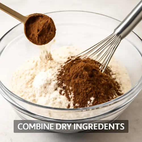 Overhead view of a bowl with flour, cocoa powder, baking soda, and salt being whisked together for even dry ingredient distribution.