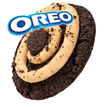 A decadent chocolate cookie loaded with OREO® cookie pieces and peanut butter chips, topped with smooth peanut butter mousse and a mini OREO®.
