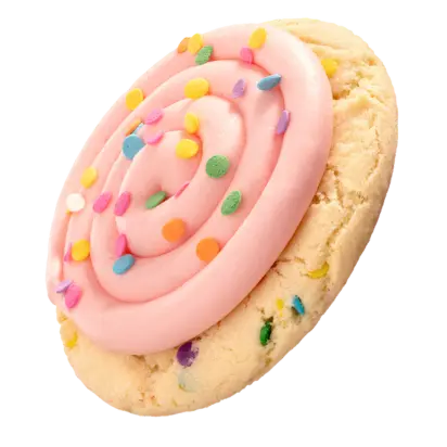 A soft sugar cookie packed with colorful sprinkles, topped with creamy pink vanilla frosting, and finished with a cheerful confetti sprinkle dash.