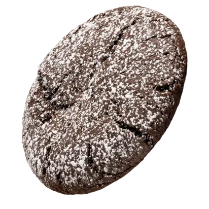 A rich dark chocolate cookie bursting with hot fudge in the center and dusted with powdered sugar. Warm, gooey, and indulgent.