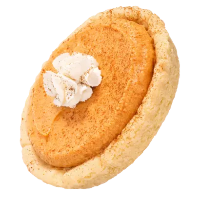 A buttery pie crust cookie filled with spiced pumpkin pie goodness, topped with a swirl of whipped cream and a dash of cinnamon. Fall flavors in every bite.