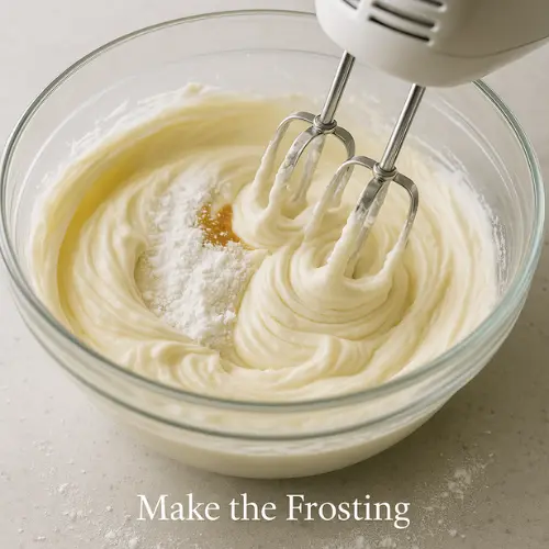 Electric hand mixer blending cream cheese, powdered sugar, and vanilla extract into smooth, fluffy frosting in a glass bowl.