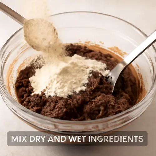 Cookie dough mixture in a bowl with crushed Oreos being gently folded in to create chunky, chocolate-filled texture.