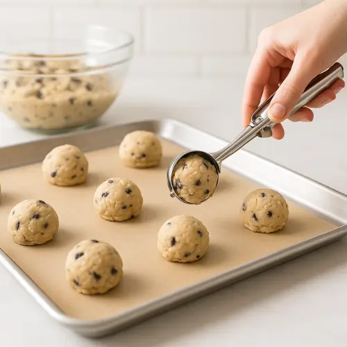 Hand using a stainless steel cookie scoop to portion cookie dough balls evenly onto a baking sheet in a clean, bright kitchen.