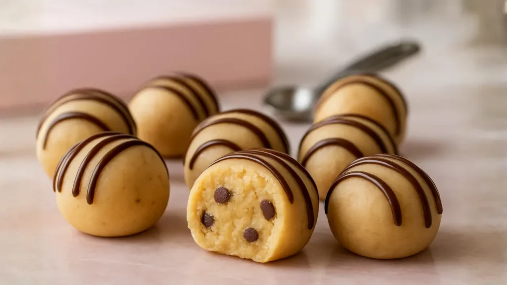 Are Crumbl Cookie Dough Bites Still Available in 2025? 2 Close-up landscape photo of bite-sized Crumbl cookie dough bites drizzled with chocolate, arranged on a pink marble surface. One dough bite is cut open in the foreground, showing a creamy interior with chocolate chips, with blurred bakery tools and a pastel box in the background.