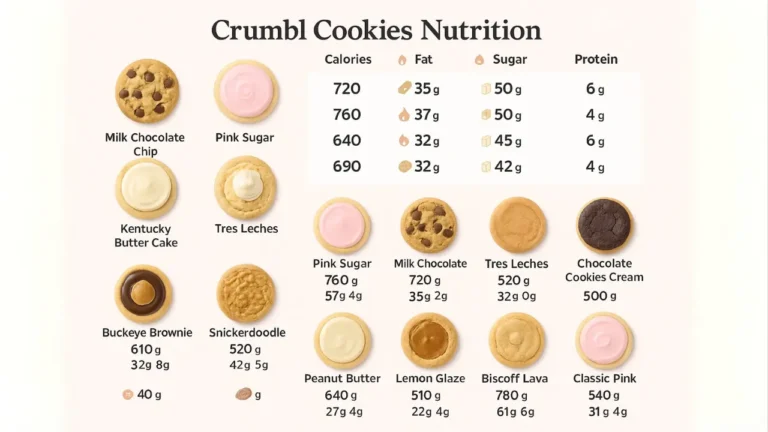 Crumbl Cookies Nutrition and Calories Information 2025 2 Crumbl cookies nutrition facts chart displaying calories, fat, sugar, and other nutritional information for informed dietary choices.
