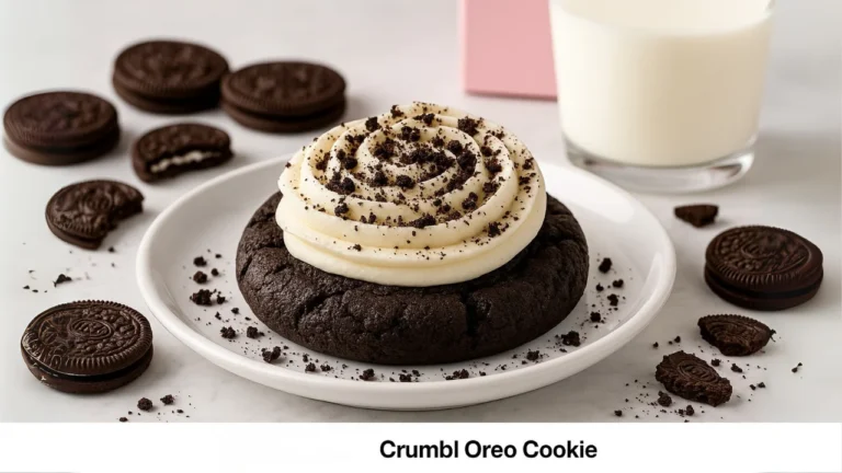 Step-by-step Oreo Crumbl Cookie recipe process showing ingredients like butter, sugar, eggs, cocoa powder, and Oreos being mixed, shaped into dough balls, baked, cooled, frosted with cream cheese, and topped with Oreo crumbs.
