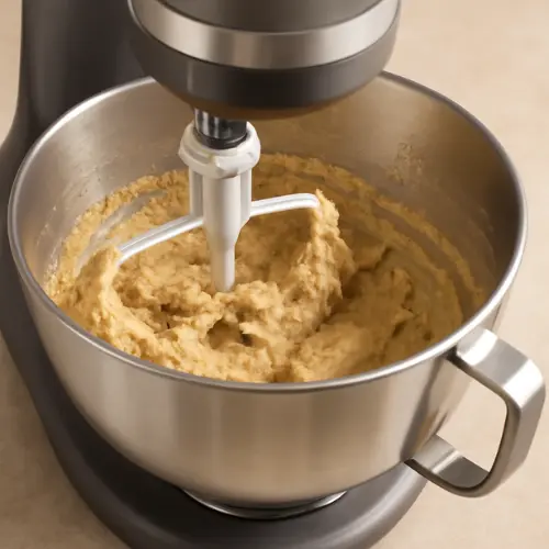 Mixing bowl with butter, brown sugar, and granulated sugar being whipped with a mixer until light and fluffy for cookie dough base.