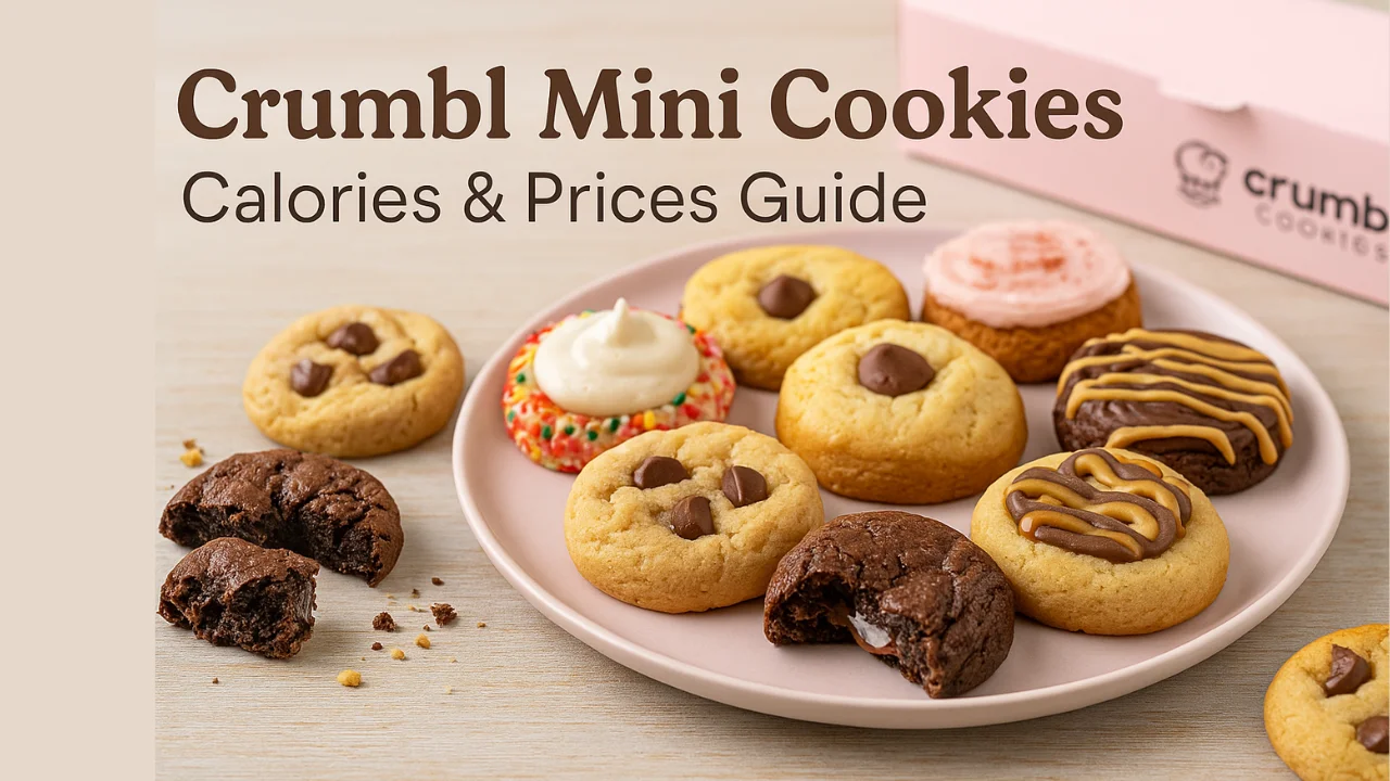 High-resolution hero photo showing assorted Crumbl Mini Cookies on a pastel pink plate with an open Crumbl box, text overlay “Crumbl Mini Cookies – Calories & Prices Guide,” bright natural light, and a clean bakery style.