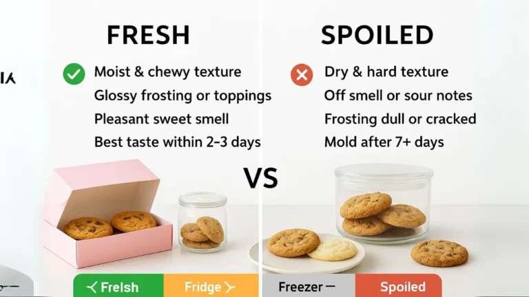 Side-by-side infographic showing fresh Crumbl cookies vs spoiled cookies with storage timeline.