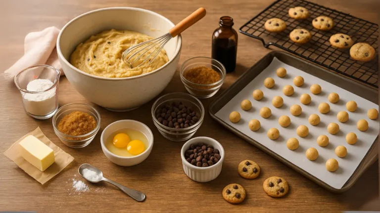 A rustic wooden table with a large bowl of cookie dough, whisk, flour, sugar, butter, eggs, chocolate chips, and vanilla extract, next to a baking tray of marble-sized cookie dough balls and a cooling rack with freshly baked mini cookies.