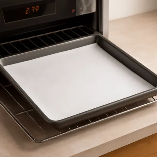 Oven preheating to 350°F with a baking sheet lined with parchment paper, ready for cookies to bake evenly without sticking.