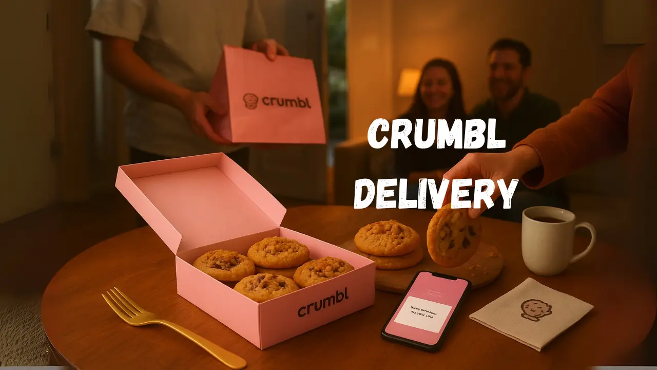 Crumbl delivery showcasing warm cookies arriving fresh at home with a delivery box and branding.