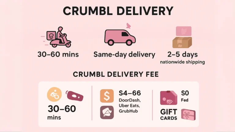 Crumbl delivery infographic showing delivery time, fees, coupons, and discounts for cookie orders.