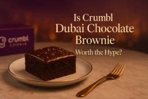 A rich Crumbl Dubai Chocolate Brownie sits on a white plate with gold trim beside a golden fork. The brownie is topped with glossy dark chocolate ganache and gold flakes, with a Crumbl-branded purple box and soft golden city lights in the background. Text overlay reads: “Is Crumbl Dubai Chocolate Brownie Worth the Hype?”
