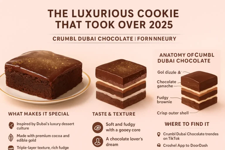 Crumbl Dubai Chocolate Brownie is Back in November 2025 3 An infographic titled “Crumbl Dubai Chocolate Brownie – The Ultimate Dessert Experience” featuring detailed visuals of the brownie’s anatomy — including its rich fudge base, chocolate ganache layer, and gold-tinted drizzle. The infographic highlights sections such as its origin, flavor profile, nutrition facts, fan reactions, and availability timeline, all presented in an elegant brown-and-gold theme that reflects Crumbl’s luxury dessert branding.