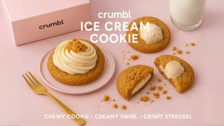 A flat-lay display of multiple Crumbl Ice Cream Cookies on a marble table with a Crumbl pink box, golden cutlery, and premium dessert presentation.