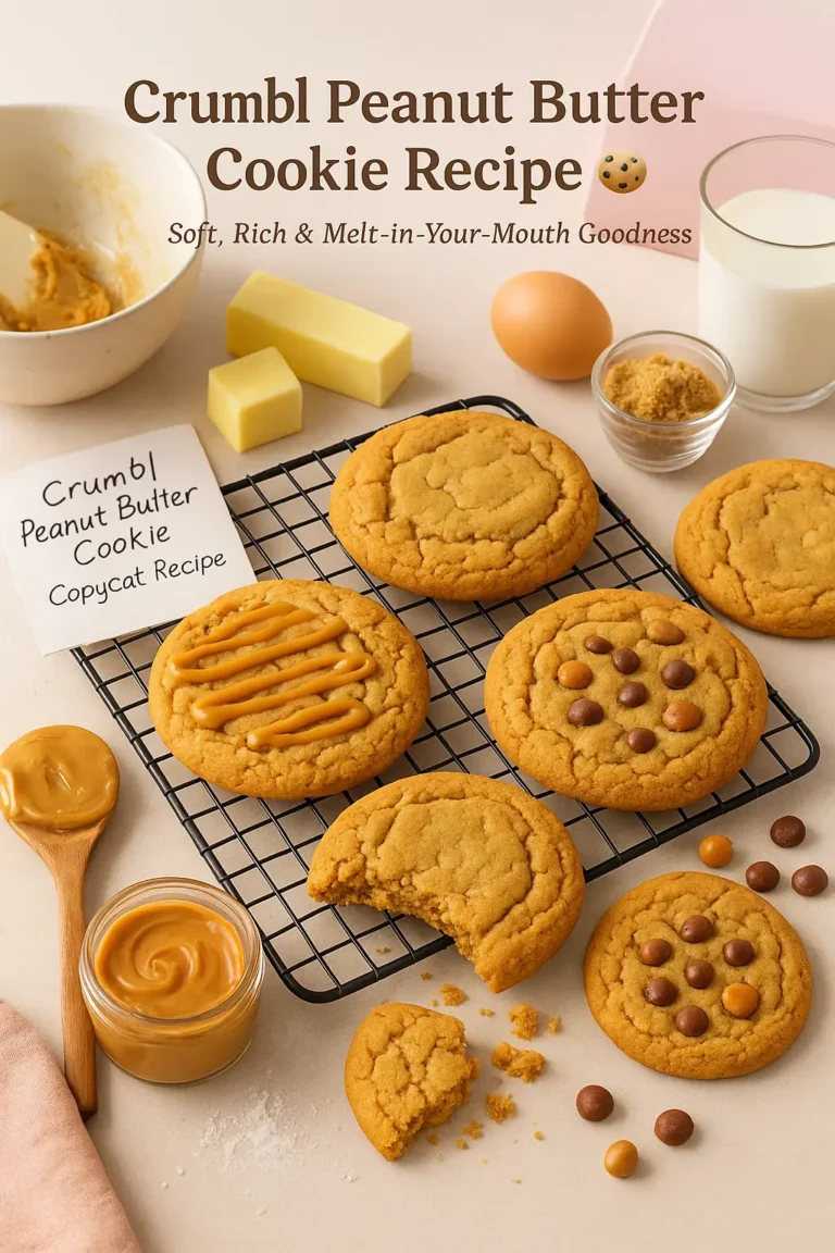 Overhead flat-lay of Crumbl Peanut Butter Cookies on a cooling rack, featuring golden-brown cookies with peanut butter drizzle and candy toppings, surrounded by baking ingredients like butter, brown sugar, peanut butter jar, egg, and a glass of milk, with a handwritten recipe card labeled ‘Crumbl Peanut Butter Cookie Copycat Recipe.