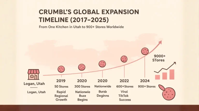 Infographic showing Crumbl Cookies’ expansion from the first store in Logan, Utah, in 2017 to over 900 stores worldwide by 2025, with a timeline, cookie icons, and store growth chart.