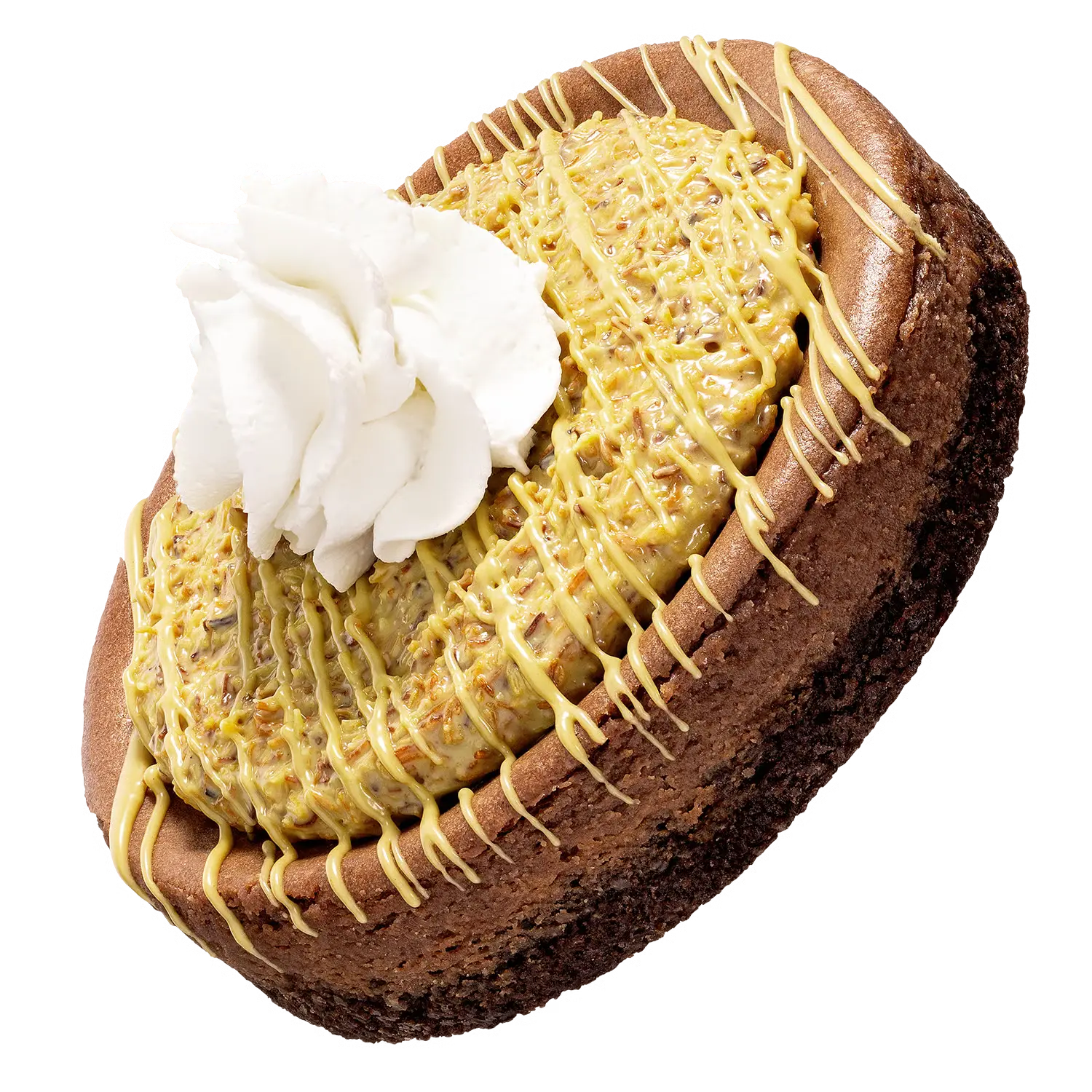 An indulgent chocolate cheesecake set on a rich chocolate graham crust, layered with a crispy Kataifi and pistachio filling, finished with a drizzle of smooth pistachio cream and a cloud of whipped cream on top.