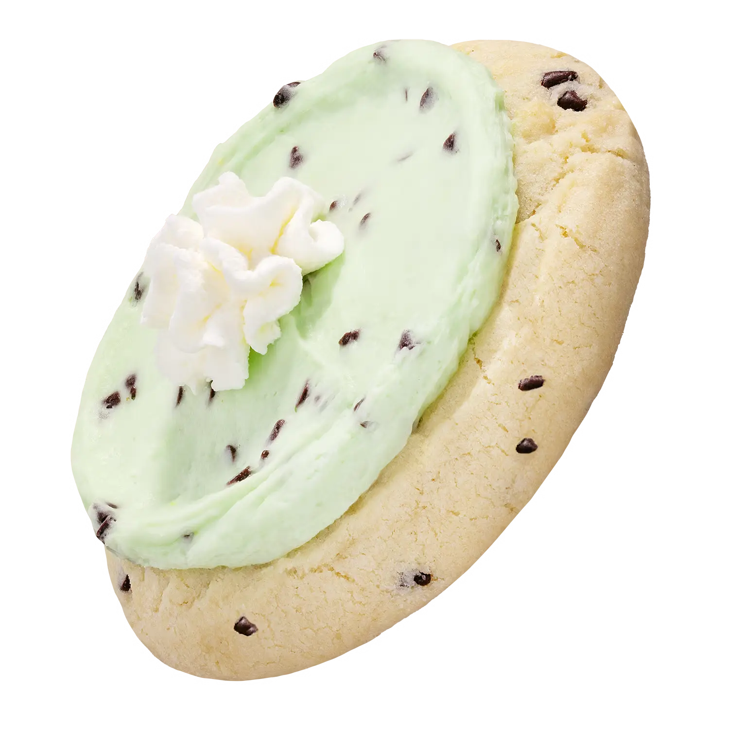A sugar cookie packed with semi-sweet chocolate chips, topped with a smooth mint chip mousse and finished with a light swirl of whipped cream for a refreshing finish.