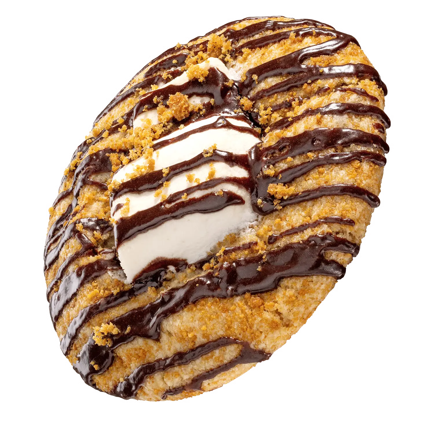 A graham cracker cookie loaded with milk chocolate chips, crowned with a gooey marshmallow, a drizzle of melted chocolate, and a sprinkle of buttery graham crumbs—just like a campfire classic.