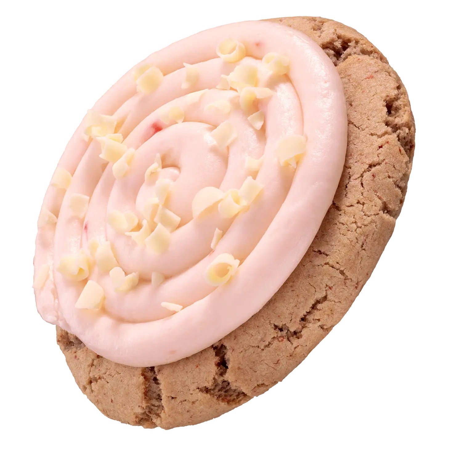 A soft strawberry and vanilla cookie swirled with luscious strawberry cream cheese frosting and finished with a dusting of delicate white chocolate curls.