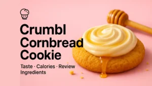 A golden Crumbl cornbread cookie topped with a thick swirl of honey butter frosting and dripping honey, displayed on a pink background with a honey dipper beside it. Bold black text on the left reads ‘Crumbl Cornbread Cookie – Taste, Calories, Review, Ingredients,’ along with a small chef icon.